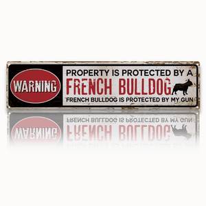 lot 10347 image: Retro Tin Metal Sign, French Bulldog Sign, Property Protected by a French Bulldog, Funny Metal Signs, Great Gift for Frenchie Lovers, Vintage Attention Signs for Yard, Porch, 15.8x4 Inches