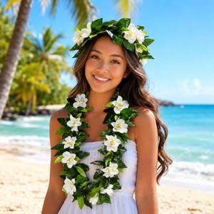 lot 10352 image: Thiccywoov 2 Pcs Summer Hawaiian Lei 6.56 ft and Flower Headband Artificial Beach Hawaii Maile Lei Necklace Artificial Green Leaves for Summer Wedding Party Hawaiian Luau Party