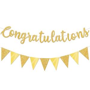 lot 10405 image: Gybeizhu Glitter Gold Congratulations Banner with Gold Triangle Bunting Garland for Graduation, Wedding, Bridal Shower, Engagement, Retirement, Baby Shower, Birthday, Anniversary, Celebration Party Decorations, No DIY.