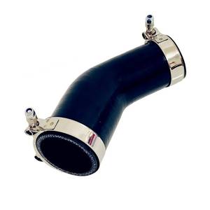 lot 10416 image: AotoKoop 1.5 to 2 (38 to 51mm) ID 45 Degree Silicone Reducer Coupler Elbow Elbow, 4 (102mm) Long Leg for Radiator Coolant, 4-Ply Reinforced with 2 T-Bolt Clamps, Black