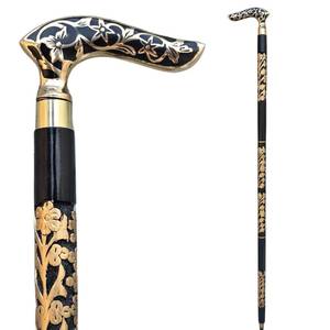 lot 10440 image: Handcrafted Wooden Walking Cane for Men & Women Ergonomic Grip, Stylish Design, Durable Support -Victorian Style Brass Handle with Engraved Floral Wooden Shaft