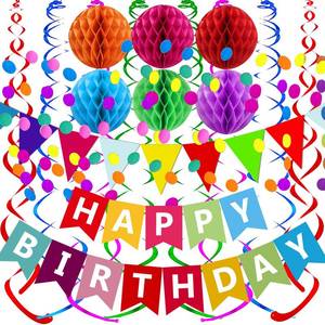 lot 10446 image: Fecedy Happy Birthday Banner With Colorful Paper Flag Bunting Paper Circle Confetti Garland Swirl Streamers Honeycomb ball for Birthday Party Decorations