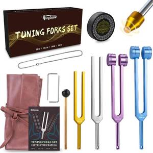 lot 10457 image: Hugbow Tuning Forks for Healing, 4 PCS Aluminum Alloy Tuning Fork 128Hz, 136.1Hz, 256Hz, 384Hz, Hockey Puck Activator & Feet, Chain, Weighted & Unweighted Tuning Fork Set with Vegan Leather Pouch