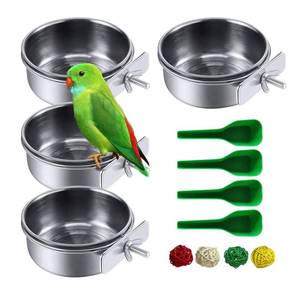 lot 12035 image: Kathson Stainless Steel Bird Cage Feeder Bowls 4-Pc Set