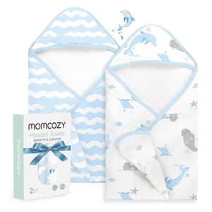 lot 12062 image: Momcozy Baby Hooded Bath Towel, 28x28 Inches, Whale