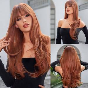 lot 12125 image: Macodio 30 Inch Copper Brown Wavy Wig with Bangs