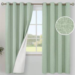 lot 13654 image: YoungsTex Light Green Linen Blackout Curtains 72 Inch Length for Bedroom, Grommet Thermal Insulated Drapes for Living Room Spring Decor with White Liner, 2 Panels, 52 X 72 Inch