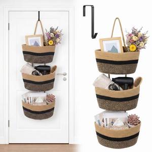 lot 13657 image: 3 Tier Over the Door Hanging Basket, 35 Cotton Woven Organizer with Hooks