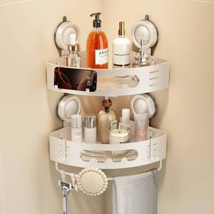 lot 13658 image: Voldra Corner Shower Caddy Suction Cup, Aluminum Corner Shower Shelves for Wall No Drilling, Large Suction Cup Shower Organizer with Towel Bar & Hooks Removable Bathroom Storage(2 Pack-Cream White)