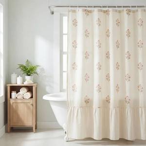lot 13659 image: Batiyeer Linen Ruffle Shower Curtain 72x72 Inches Red Floral Shower Curtain Boho Cottage Core Bathroom Decor Set for Farmhouse Country Bathroom Home Decor