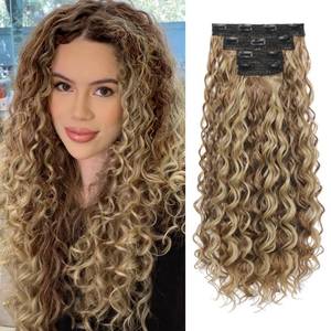 lot 13694 image: REECHO Curly Hair Extensions, 4PCS 24 inch Clip in Hair Extensions Lace Weft Short Curly Extensions Clip Ins Invisible Natural Hairpieces for Women, Light Brown with Blonde Highlights