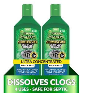 lot 14226 image: Green Gobbler Ultra Concentrated Drain Clog Remover & Cleaner  Powerful Hair, Grease & Soap Dissolver for Bathroom, Kitchen, Shower, Sink & Toilet  Safe for Pipes & Septic Systems  2 Pack