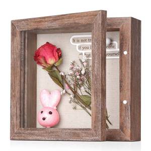 lot 14235 image: 5x5 Small Shadow Box Frame with Linen Back - Sturdy Rustic Memory Display Case of Flower, Pictures, Medals and More, Rustic Brown