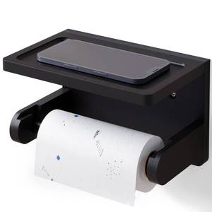 lot 14261 image: VERTORGAN 1 Pack Bamboo Toilet Paper Holder with Phone Shelf(Black)