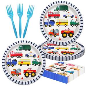 lot 14263 image: 48Pcs Transportation Birthday Party Plates and Napkins for Kids Baby Shower Tableware Transport Vehicle Supplies Truck Themed Birthday Party Decorations