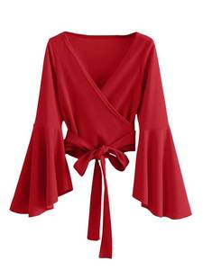 lot 14292 image: SweatyRocks Womens Long Sleeve V Neck Tie Knot Bandage Wrap Blouse Crop Top Red L