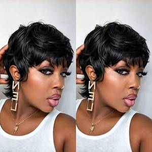 lot 14316 image: VRZ Mullet Pixie Cut wig Human Hair Short Bixie Cut Wig for Women Shaggy Wolf Cut Pixie Cut Style with Bangs Short Layered Pixie Wigs Black Color Glueless Full Machine Made