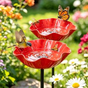 lot 14318 image: 2PC Handmade Metal Flower Garden Stake with Bee Bath & Bird Water Bowl �� Decorative Outdoor Yard Art, Pollinator Watering Station, Weather-Resistant Garden Decor Gift for Bird Lovers (Red 2PCS)