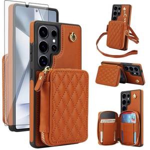 lot 14324 image: Phone Case for Samsung Galaxy S25 Ultra 5G Wallet Cell Cover with Tempered Glass Screen Protector Wrist Crossbody Strap RFID Blocking Card Holder S25Ultra 25S S 25 25Ultra 6.9 2025 Women Girls Brown