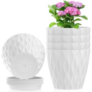 lot 14331 image: Meowell 4 inch Small Plastic Nursery Pots, 5 Pack Water Ripples Plant Pots for Indoor Plants, Flower Pots with Drainage Holes and Saucers, Seedling Starter Planters for Succulent Plants, White