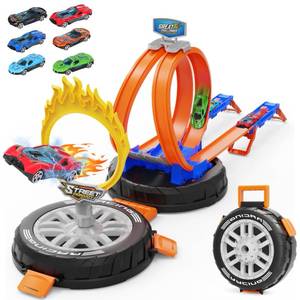 lot 19907 image: Toy Car Race Track Set for Kids Ages 4-8, Stunt Tire-Shaped Case Transforms into Race Course, 6 Cars in 164 Scale, 2 Ways to Play, Action Loop Cyclone Challenge & Speed Snap Track