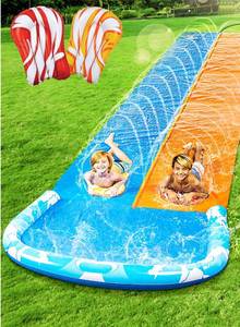 lot 19909 image: JOYIN 32.5FT Water Slide and 2 Inflatable Boards, Extra Long Double Lawn Heavy Duty Splash Mat Pad with Sprinkler for Kids Adults Backyard Summer Water Toy Outdoor Fun, Blue, Orange