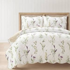 lot 19919 image: Lush Decor Watercolor Wildflower Scallop Edge Floral Quilt Set, 3 Piece Set, FullQueen, Neutral & Multi - Pretty Botanical Bedding Set - Scalloped Quilt - Garden Flowers - Spring Decor