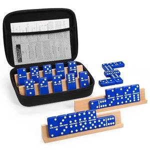 lot 19920 image: uvcany Dominoes Set for Adults with 4 Wooden RacksTrays, Double Six Travel Portable Case 6 Tiles Holders, 28 Dominos Family Board Games - Blue