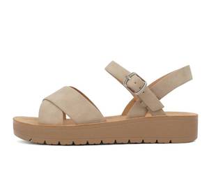lot 19932 image: Soda CHESTER  Women Flat Sandals Flatform Ankle Buckle Criss Cross Band Straps Sandals Shoes (Dark Natural, US Footwear Size System, Adult, Women, Numeric, Medium, 6) (Grey Bottoms)