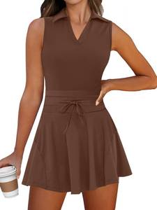 lot 20042 image: Caracilia Womens 2 Piece Tennis Dress Set-Polo Neck Sleeveless Mini Dresses with Shorts,Golf Casual Workout Athletic Sports Large Coffee