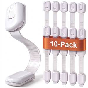 lot 20080 image: Child Safety Strap Locks (10 Pack) Baby Locks for Cabinets and Drawers, Toilet, Fridge & More. 3M Adhesive Pads. Easy Installation, No Drilling Required, White