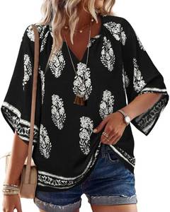 lot 20498 image: Bebonnie Women Blouses Dressy Casual 34 Sleeve Dress Shirts Summer Spring V Neck Paisley Print - Flowy Office Wear Tops for Woman - Plus Size Tunic Tops for Women Loose Fit Dressy Multi Black XL