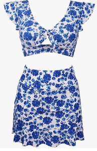 lot 2440 image: Cocoship- Womens Retro Ruched Ruffle High Waist Two Piece Bikini Set Tie Knot Front Top Sport Bath Swimsuit