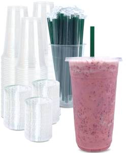 lot 1644 image: Cappatua 100 SETS 32 oz Clear Plastic Cups with Lids and STRAWS, Disposable Drinking Cups for Cold Drinks, Iced Coffee, Milkshakes, Smoothies