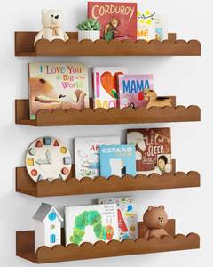 lot 1647 image: Harwaya Walnut Nursery Book Shelves Wall Set of 4, Dark Wood Scalloped Floating Bookshelf for Wall, Cloud Wooden Hanging Shelving Unit for Kids Bedroom Baby Child Toddler Room Kitchen (Walnut Brown)