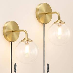 lot 1659 image: Gold Plug in Wall Sconces Set of 2, Mid Century Plug Sconce with Clear Globe Glass Lampshade, Brushed Art Deco Wall Light Fixture with Plug in Cord for Bedroom Living Room Hallway, G9 Bulbs
