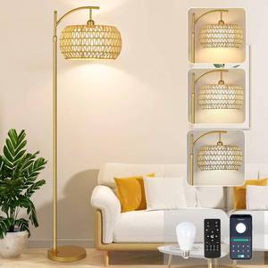 lot 1686 image: Gold Floor Lamp for Living Room with 3 Color Temperatures,Arc Boho Floor Lamps with Remote Control, Rattan Standing Lamp with Wicker Lamp Shades Dimmable Tall Floor Lamp For Bedroom Living Room Corner