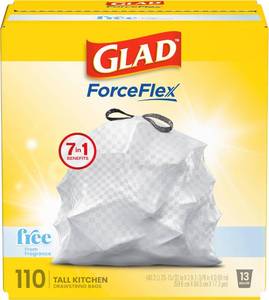 lot 1700 image: Glad ForceFlex Tall Kitchen Trash Bags, 13 Gallon, Fragrance Free, 110 Count (Package May Vary)
