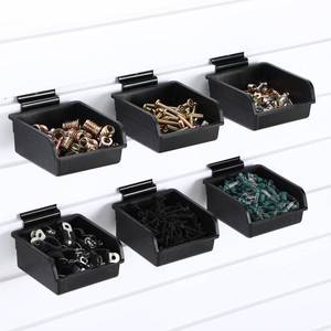 lot 2037 image: Briwooody 6 Pcs Slatwall Bins with Hooks Set, 4.1 x 4.1 x 1.89 Inch Slatwall Containers Wall Mounted Storage Bins for Organizing Accessories Tools Storage Office Workshop Garage Workbench (Black)