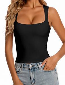 lot 2072 image: LanGui Womens Double Lined Sleeveless Tank Tops - Square Neck Crop Top Camisole Sexy Cute Summer Fitted Shirts for Going Out Black S