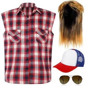 lot 2080 image: SATINIOR 80s Costume for Men Blonde Mullet Wig Men Flannel Plaid Sleeveless Plus Size Vest Metal Frame Blonde Sunglasses Hat(Red,XL Large Shirt)