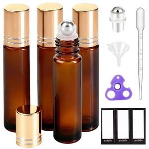 lot 2177 image: PrettyCare 4 Pack Amber Glass Oil Roller Bottles for Essential Oils 10ml, Roll On Bottles with Stainless Steel Roller Ball Leak-Proof Perfume Travel Refillable Bottle Empty, Beauty & Personal Care