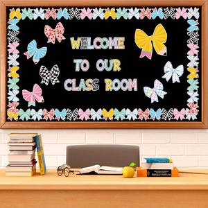 lot 2180 image: Mooliwe Composition Bow Bulletin Board Decorations Set, Pencil Coquette Bow Classroom Bulletin Board Cutout for Back to School Library Window Home Wall Decor