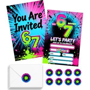 lot 2224 image: Vkegrosx 6 7 Birthday Invitations for Boys Girls 20 Pack 7th Pixel Graffiti Neon Fill-in Birthday Party Invite Cards with Envelopes and Stickers, I Was 6 Now Im 7 Kids Bday Party Supplies Decorations