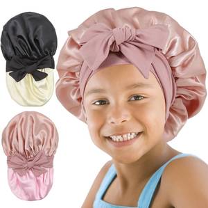 lot 3006 image: SAYMRE 2 PCS Kids Bonnet for Girls Double Layer Silk Satin Bonnet Sleep Cap for Child Curly Natural Hair 3-12Y (pink&black)