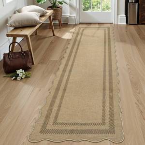 lot 3023 image: LIVEBOX Scalloped Washable 2x8 Kitchen Runner Rug, Easy Jute Geometric Tan Rugs for Hallway Runner Entryway, Indoor Outdoor Non Slip Rug Farmhouse Modern Carpet Door Mat for Porch Laundry Room