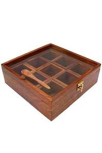 lot 3026 image: IBLAY Handicraft Brown Designer Wooden Spice Box Kitchen & Dining Great 9 Spices storage Boxes 8 x 8 x 2 inch