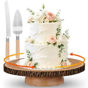 lot 3990 image: Rotating Cake Stand 12 Inch Wood Cake Stand with Cake Cutting Set