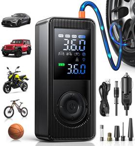 lot 4024 image: Tire Inflator Portable Air Compressor - 150 PSI 4X Fast Inflation Rechargeable Battery & 12V DC Adapter Powered Air Pump for Car Bike Motorcycle Tires Balls with LCD Display, LED Light