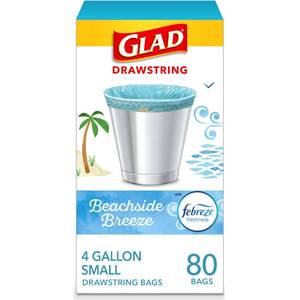 lot 4044 image: Glad Small Trash Bags, Great for Office, Bathrooms and Bedroom Bins, Beachside Breeze Scented Garbage Bags, Odor Resistant with Drawstring, Febreze Freshness, 4 Gallon Trash Bags, 80 Count